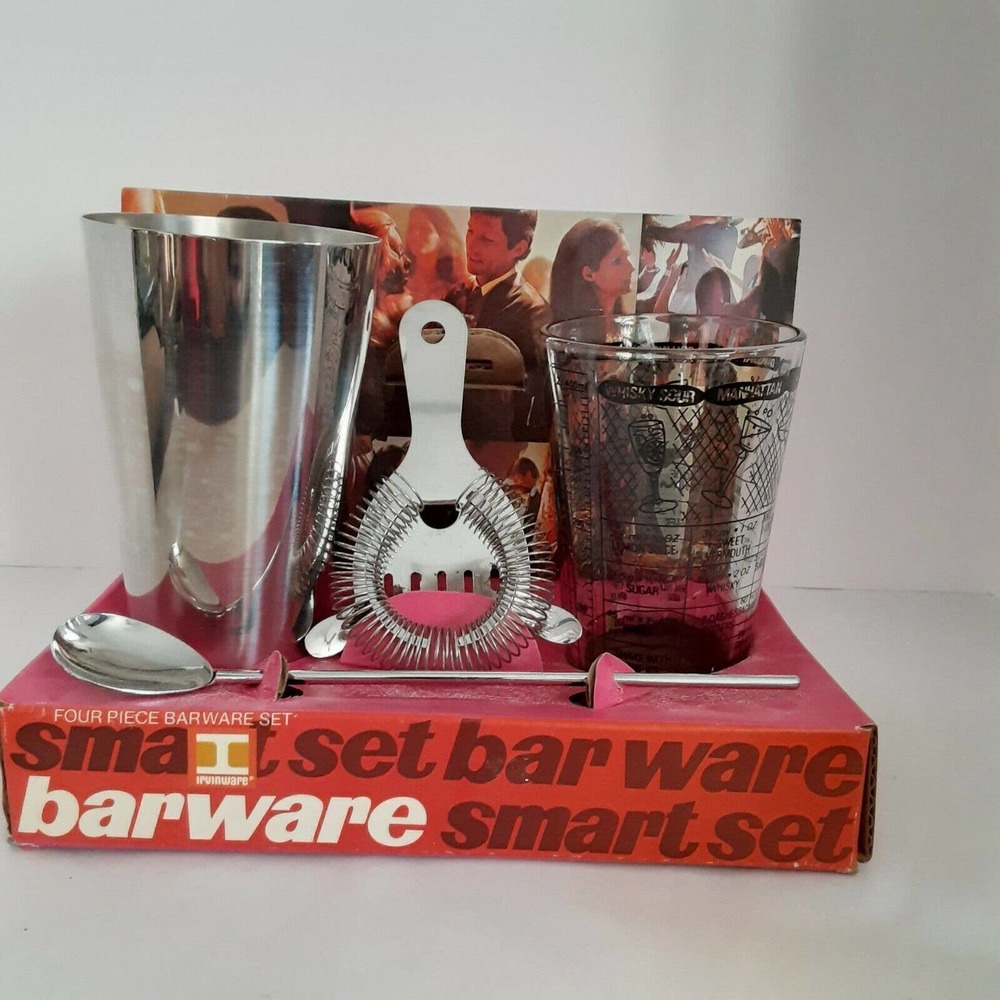 Vintage IrvinWare 1970 Bar Set 4pc Shaken Not Stirred Cocktails Party